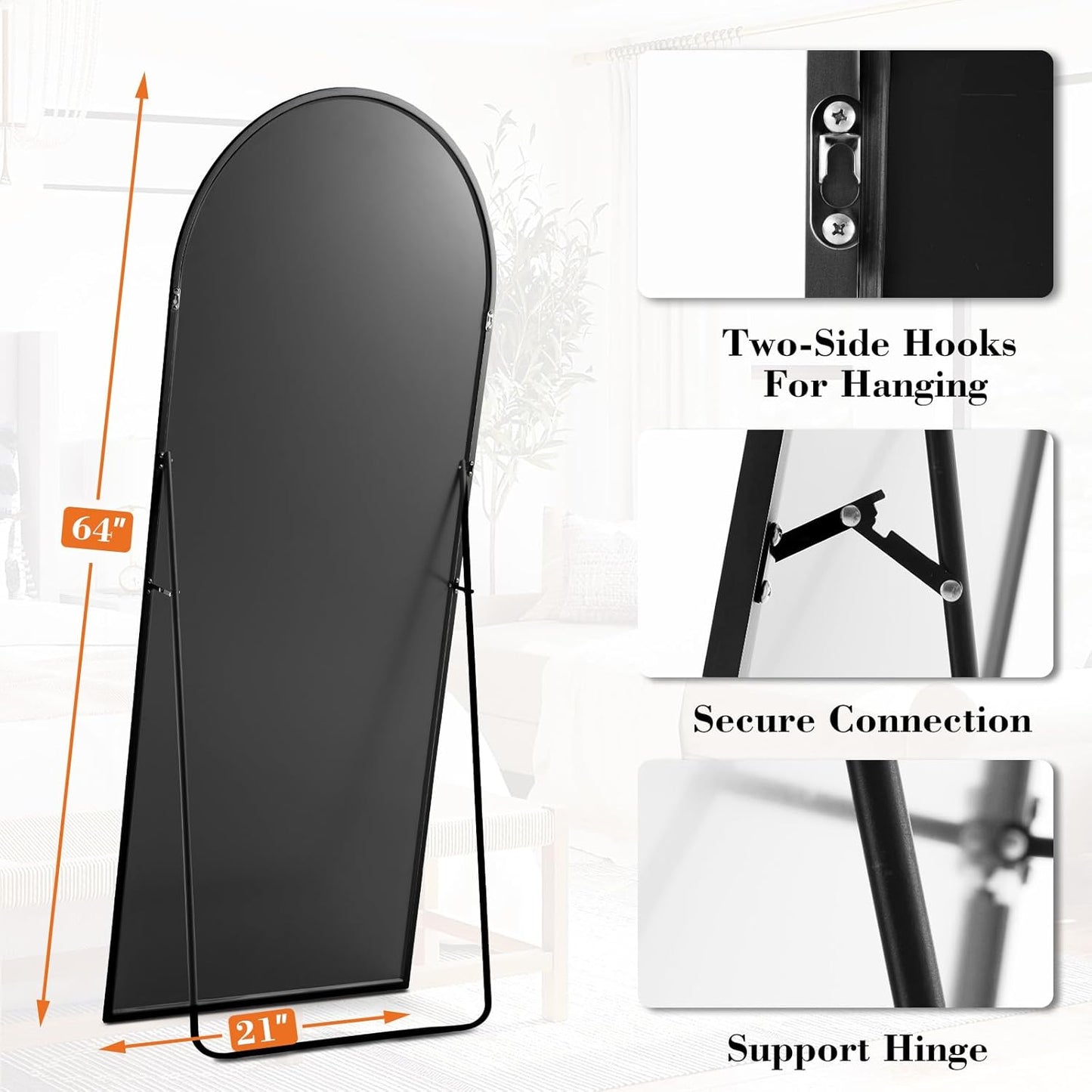 DUMOS Arched Full Length Mirror with Stand Floor Standing Aluminum Frame for Bedroom