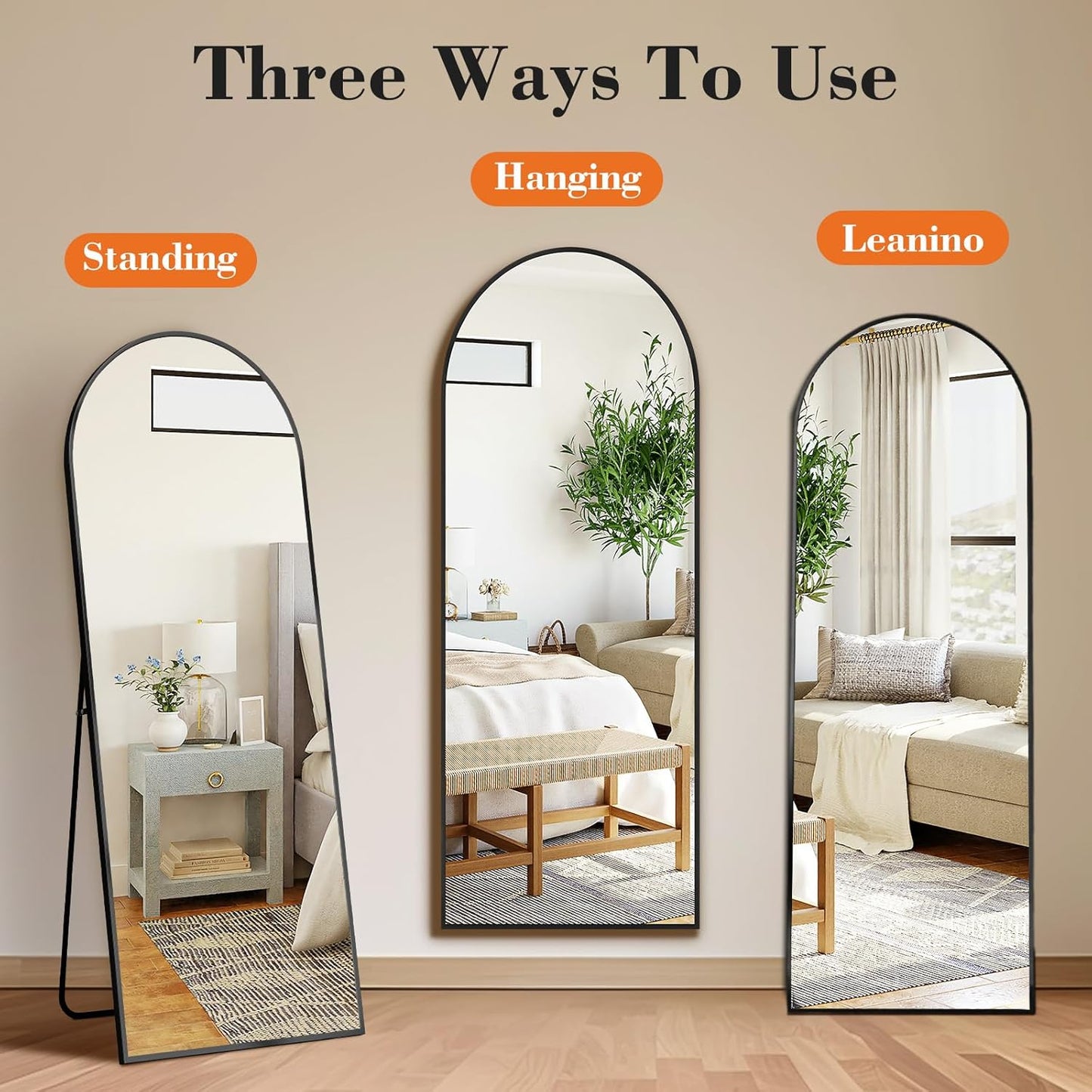 DUMOS Arched Full Length Mirror with Stand Floor Standing Aluminum Frame for Bedroom