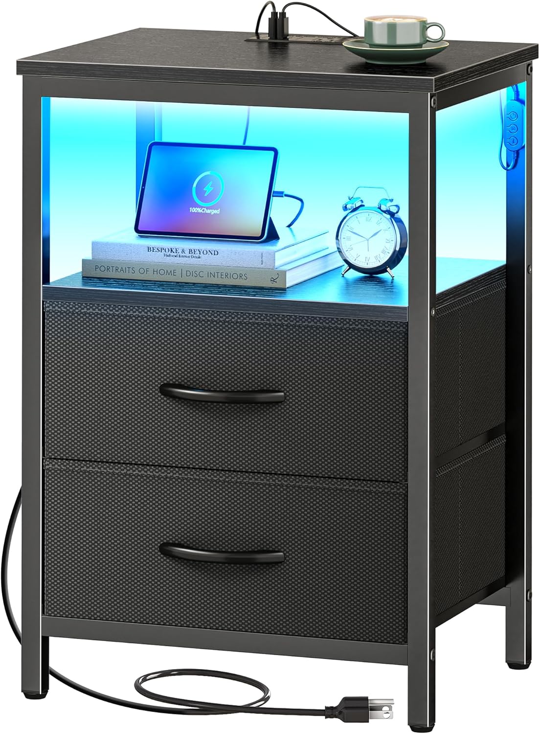 Huuger Night Stand with Charger Station and LED Lights, 2 Drawer Nightstand, Bed Side Table with Open Shelf, End Table, Fabric Dresser for Bedroom, Black