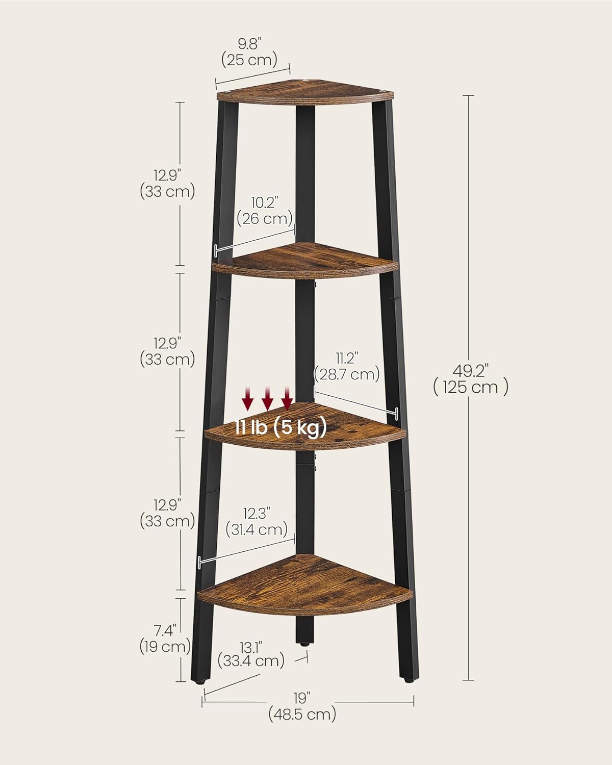 VASAGLE Corner Shelf Stand, 4-Tier Corner Bookshelf, Industrial