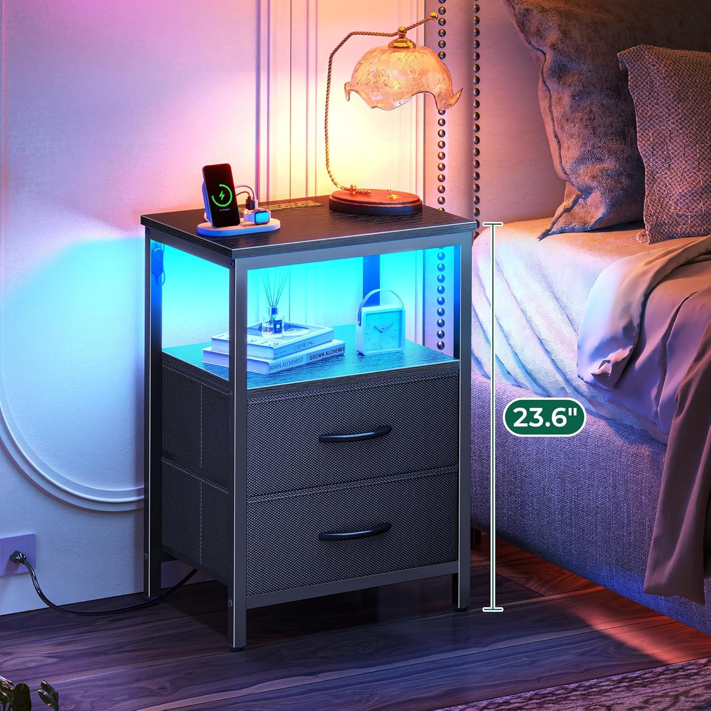 Huuger Night Stand with Charger Station and LED Lights, 2 Drawer Nightstand, Bed Side Table with Open Shelf, End Table, Fabric Dresser for Bedroom, Black