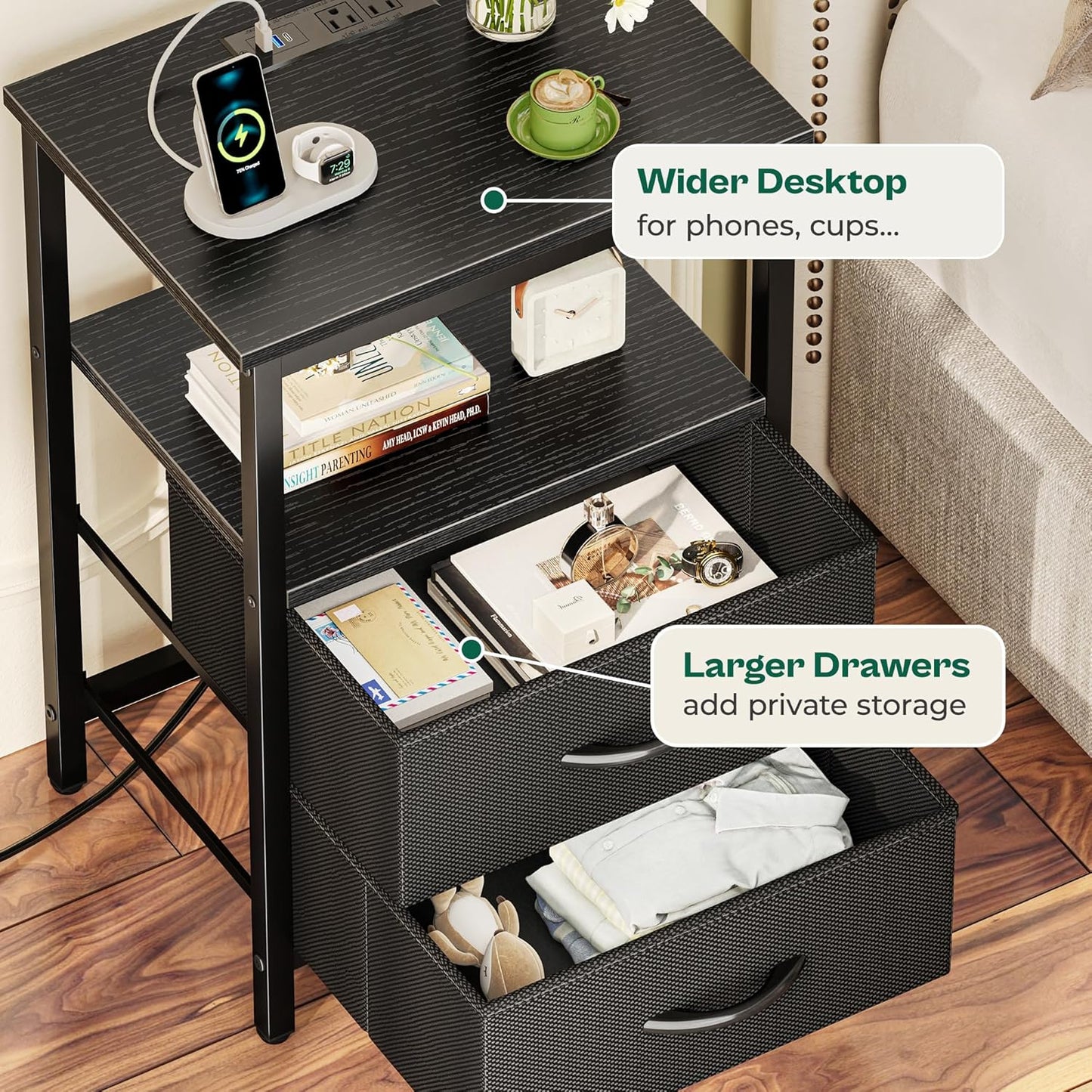Huuger Night Stand with Charger Station and LED Lights, 2 Drawer Nightstand, Bed Side Table with Open Shelf, End Table, Fabric Dresser for Bedroom, Black